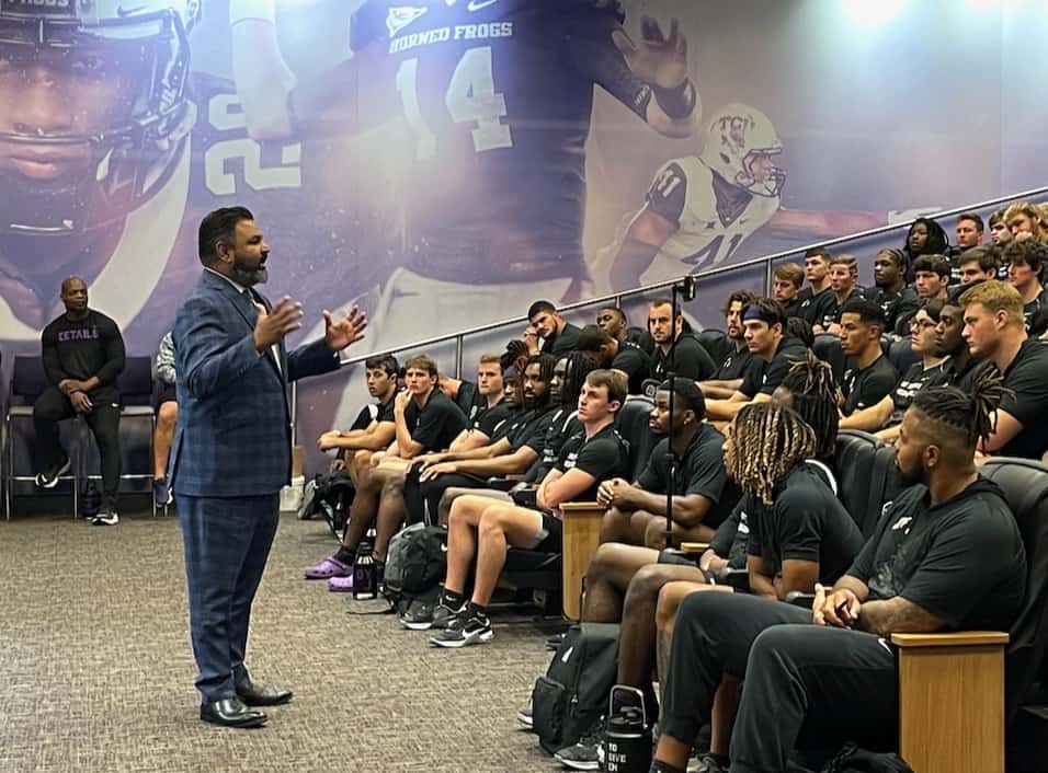 Attorney Benson Varghese speaks to TCU Football Team